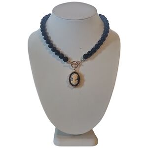 Vintage Black Obsidian Stone Necklace with Gold-Trimmed Cameo Pendant
